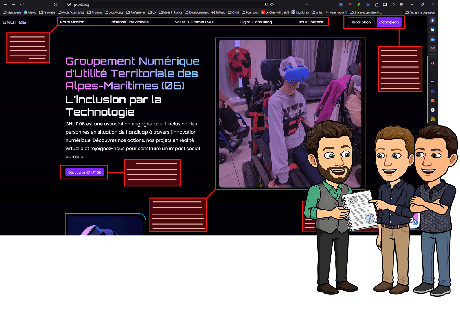 IHM du site GNUT06 annotée de corrections ; Vincent, en personnage cartoon, tend un rapport à deux bénévoles.